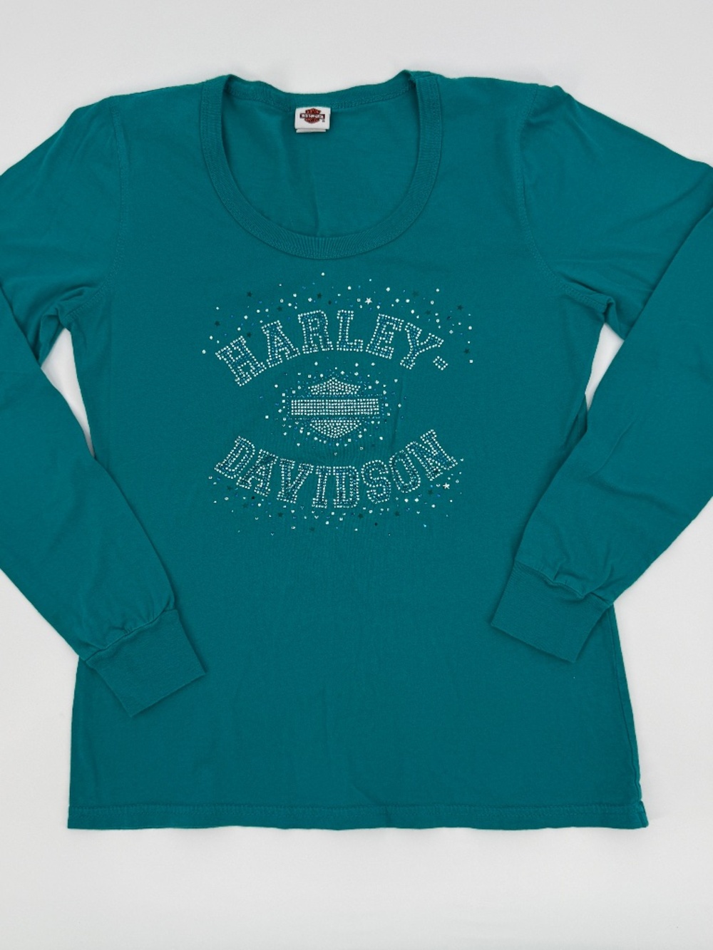 Vintage Harley Davidson Rhinestone Long Sleeve Shirt Teal R.K. Stratman Woman M